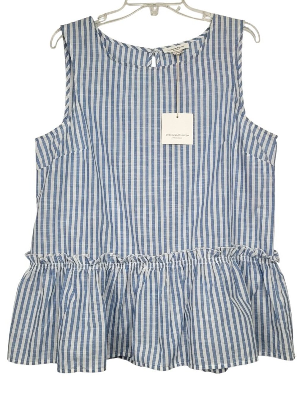 beachlunchlounge Blue and White Vertical Stripe Sleeveless Peplum Top